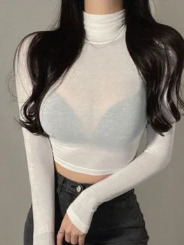 Coreia 2022 Outono Novo Gola Slim Sexy Peito Grande Fino Transparente Longa Manga Curta Camiseta Gostosa Tees U393