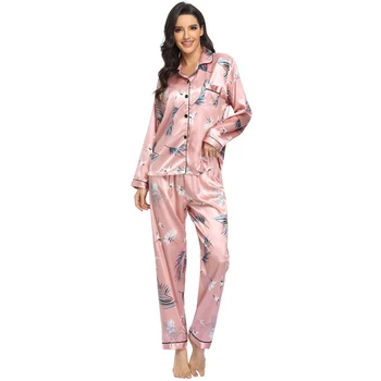 Outono, Primavera Womens Cetim de Seda Pijama Conjunto de Botão Floral Padrão de pontos Pijamas Loungewear Senhoras Pijama Camisola AWDX1