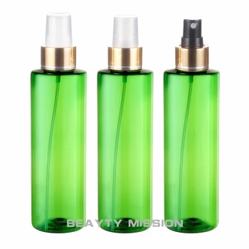 250ml X 24 redondos verdes vazio frasco de spray com alumínio e ouro bomba do pulverizador ,recipientes com Líquidos pulverizador de perfume, garrafas de plástico