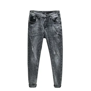 Novos Homens do Trecho de forma Regular Fit Jeans Preto Cinza Casual Estilo Clássico da Moda Calça de algodão Fino Masculino, com Nove Pontos Calças