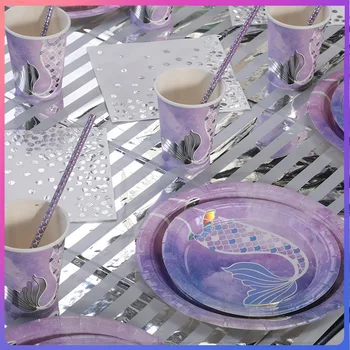Quente Cauda de Sereia Festa Mesa de Jantar Pratos de Sobremesa de Copos Guardanapos para Meninas de Aniversário, chá de Bebê Descartáveis Fabricação de Sereia