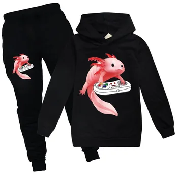 Axolotl Peixe Jogando Vídeo Game Branco-Axolotl Lagarto Jogadores Hoodies Crianças de Manga Longa Casual Tops do Menino e da Menina Camisolas