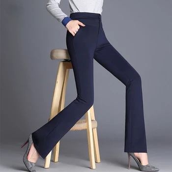 Mulheres Sólido Formal Flare Pants Senhora do Escritório de Cintura Alta Mais o Tamanho de Calças de Mulher 2018 Outono Elegante Magro Calças de Negócios