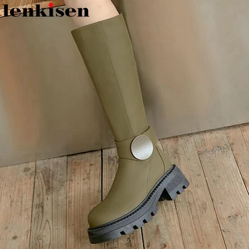 Lenkisen concepção ocidental de botas de couro rachado da vaca inverno dedo do pé redondo plataforma de espessura salto alto estilo preppy coxa botas altas l7f8