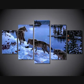 HD Impresso de Neve Wolf Lake Pintura em Tela de Parede, Fotos De Sala de estar de Boa Qualidade Modular Imagens de Óleo Cuadros Decoracion
