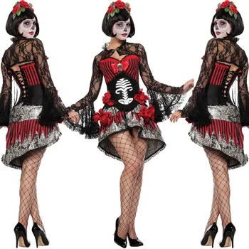 G Vestido de Fantasia Açúcar Crânio Dia De Los Muertos Halloween, Dia dos Mortos, Máscaras de Cosplay Vestidos de anfitrião de Noiva, Traje de Zumbi