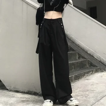 Calças pretas de Mulheres de Outono Design Fino Reta de Perna Larga Calças Soltas de Cintura Alta Suspensão Casual Calças