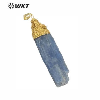 WT-P1526 cianita azul pingente de pedra aleatória forma com ouro Galvanizado arame de latão, envolto fecho de moda matérias pingente de pedra