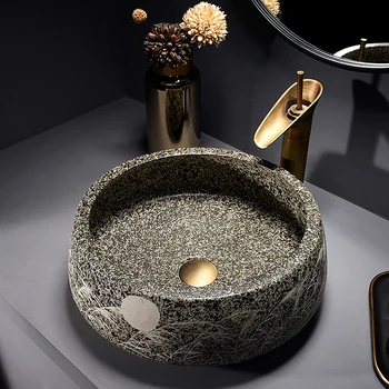 China Artística Artesanal de Gravura de Cerâmica lavatório Lavobo Rodada bancada de cerâmica lavatório bacia de arte