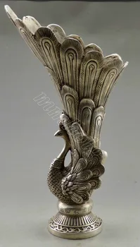 Requintado de características Chinesas, Tibetanas de prata esculpida à mão pavão Vaso