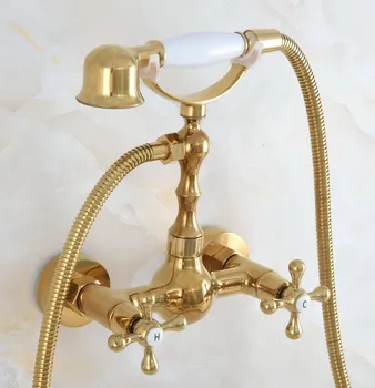 Moderno Golden Latão Montado na Parede Faucet do Chuveiro do Banheiro Conjunto com 1500MM de Mangueira de Mão de Spray de Cabeça Torneira Misturadora Dna825