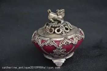 Raro Antigo da Dinastia Qing, a prata e jade Leão queimador de incenso,VERMELHO, Leão,frete Grátis