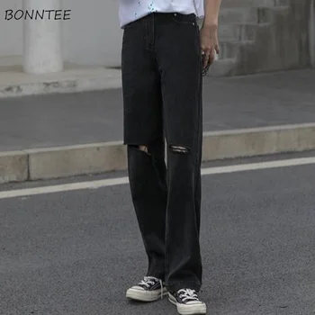 Calças de brim das Mulheres Fresco Unissex Completo do comprimento de Perna Reta Furos Rasgados Todos-jogo de Streetwear Retro, Calças Soltas de Cintura Alta da Moda coreano