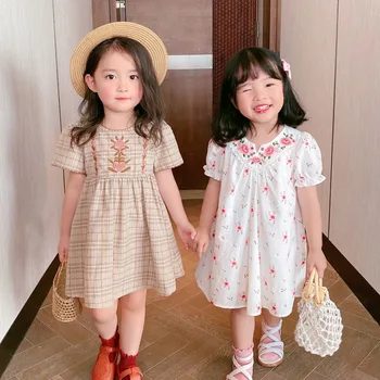 Garota Verão Vestido Em Algodão Com Crianças Retro Flor Bordado Baby Bolha De Manga Festa De Casamento, Aniversário, Vestidos De Roupas De Crianças