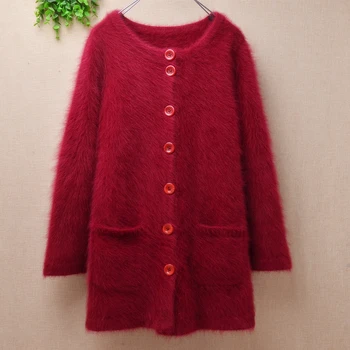 senhoras mulheres de natal vermelho peludo em vison com estampa de cashmere slim assentamento cardigans botão de coelho angorá fur casaco de inverno casaco, camisola de puxar