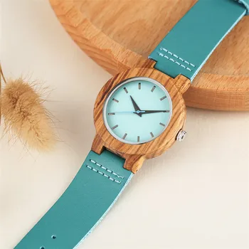 Exclusivo Mostrador Azul de Madeira do Relógio para Senhoras de Madeira relógio de Pulso Pulseira de Couro Genuíno Minimalista Mulheres Watch Presente montre femme