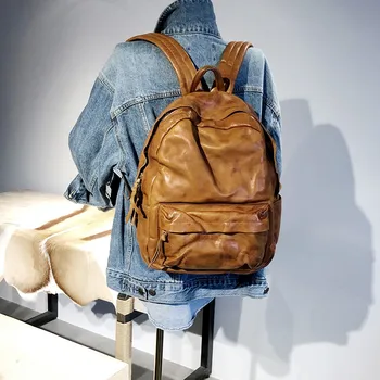 Retro designer de moda natural do couro genuíno senhoras saco de escola ao ar livre diário de viagem de fim de semana de grande capacidade homens mochila