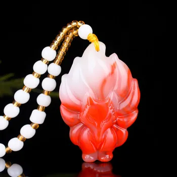 Natural Vermelho de Jade Branca de Nove Caudas Fox Colar Pingente Mão Esculpida Moda Charme Jóias Acessórios Amuleto Presentes para Mulheres, Homens