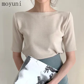 2021 Primavera Verão Nova-coreano de Moda, Estilo Simples, Bege Revestimento Fino T-shirt das Mulheres Slim Assentamento Camisa Pulôver de Gelo Camisola de Seda