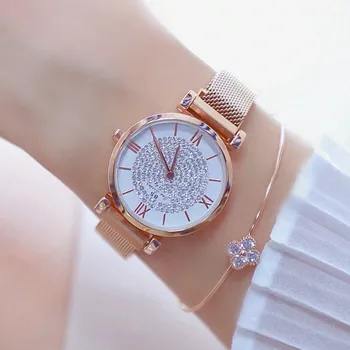 Moda de Luxo Rose Mulheres Relógios de Malha de Aço Pulseira de Relógios de Pulso de Quartzo Data de Relógio Feminino Ladies watch relógio feminino