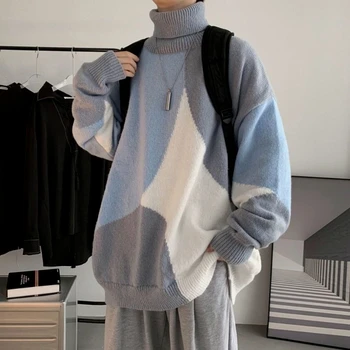 Colcha De Retalhos Blusas Homens Blusas De Gola Alta De Grandes Dimensões Homens Streetwear Coreano Camisola De Mens Vestuário De Moda Do Inverno Manga Longa