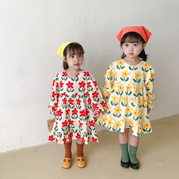 2021 Nova Primavera Baby Girl Dress Coreano Crianças De Manga Longa Vestido Floral Girl Dress Criança