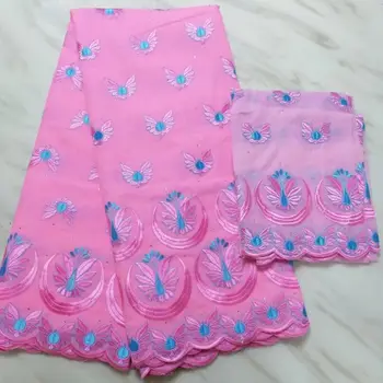 5Yards Maravilhoso cor-de-rosa africana tecido de algodão com padrão borboleta bordados e 2yards blusa líquida de renda definido para o vestido BC58-1