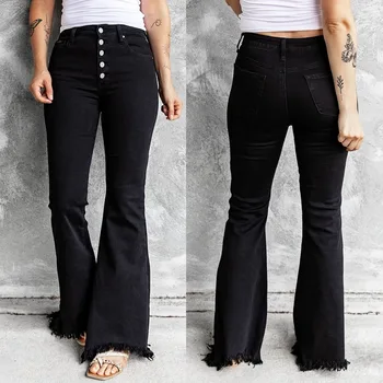 O Coreano Botões De Moda De Borla Streetwear Jeans Mulher 2021 Outono Sólido Meados De Cintura Magro Calças Pretas Bolso Boot Cut Jean Femme