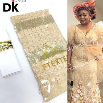 2.5+2.5 Metros Africana Laço de Tecido de Paetês com 3D Flor Líquidas de Renda de Malha Tissu Bordado Com Bacia Riche Para o Vestido de Casamento