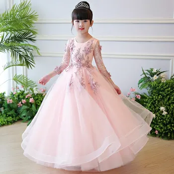Nova Moda Do Vestido Da Menina De Flor De Esferas Apliques Festa De Aniversário De Casamento Vestido De Crianças Fantasia Princesa Vestido De Primeira Comunhão