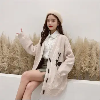 2019 primavera suéter grosso casaco feminino coreano moda casual veado impressão de chifre de fivela casaquinho de malha solta preguiçoso estilo camisola