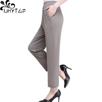 UHYTGF calças para as mulheres a moda de gelo de seda de cintura alta casual mulheres fina de verão, calças retas temperamento 5XLplus tamanho de calças de 852