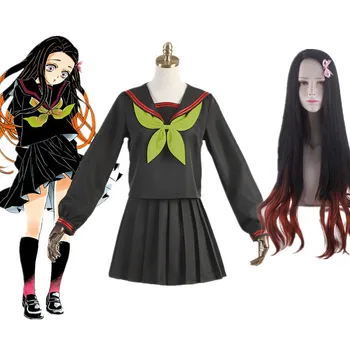 Anime japonês de Trajes Cosplay Demon Slayer Kamado Nezuko JK Escola Empregada Vestidos de Uniforme, Perucas e Boné Peruca de Presentes de Natal