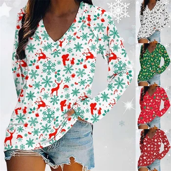 O Decote em V Padrão de Impressão Tops Pulôver para Mulheres Camisas de Natal de Mulheres maiores de Manga Longa estampado Bonito Camisas de Streetwear Casual Tops