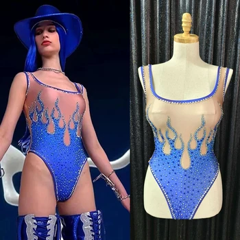 Sexy Strass Body de Malha Azul de Uma Peça de Drag Queen Trajes Boate Bar Ds Dj Figurinos Festival Roupas DN12376