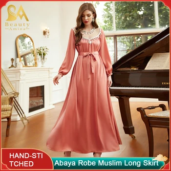 Abaya Manto Islâmica Festival Nacional de Vestido Novo cor de Laranja cor-de-Rosa de Malha Oco de Costura costuradas a Mão da Broca de vestimenta Muçulmana Nacional Saia Ab