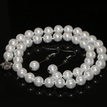 Venda quente frete grátis branco 10mm simulado-pérola shell rodada colar de pérolas brincos para mulheres elegantes, jóias 18inch B2330