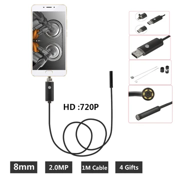 Ponteira de 8mm de 2MP USB Endoscópio 1M Sonda Impermeável Inspeção Boroscópio 6 LEDs Fio de USB Cobra Tubo de Câmera de OTG Compatível