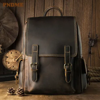 PNDME designer vintage mochila homens mulheres de alta qualidade em couro genuíno bookbag simples cavalo louco de couro de viagem portátil bagpack