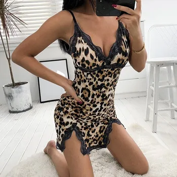 Sexy Leopard Funda Mulheres Pijama Vestido da coleção Primavera / Verão de Rendas Rendas Senhoras Mini Vestido Nightdress do Clube de Estilo com decote em V Mulheres do Pijama