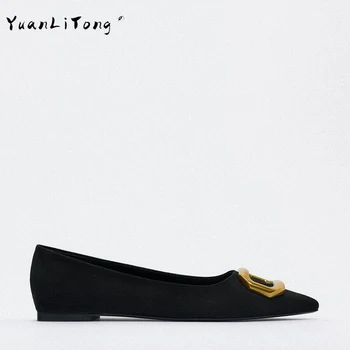 ZA Plana Sapatos para Mulheres negras Flats Vistoso Conforto Metal Derection Pontiagudo Dedo do pé Deslizar sobre Sapatos Casuais Femal