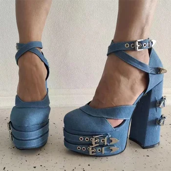 Fivela De Metal Cruz Alça De Moda Bombas De Sapatos Jeans Azul Respirável Superior De Verão, Sandálias De Dedo Do Pé Quadrado Plataforma, Sandália De Salto Mulheres