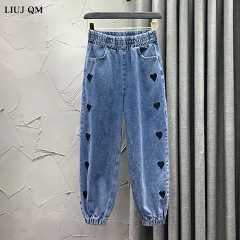 Harajuku Amor Bordados Casual Calças Jeans Mulheres 2022 Mola Elástica De Alta Eaist Casual Calças De Harém De Streetwear Mulheres