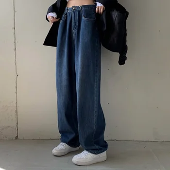 Mulheres de calças Soltas Versátil Cintura Alta Jeans Reta Calças Desgaste das Mulheres Finas E Largas Calças de Perna 2021 Outono