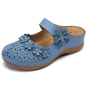 Mulheres Sandálias de Verão de 2020 Artesanal de Calçados femininos de Couro Floral Sandálias das Mulheres Apartamentos de Estilo Retro Sapatos de Mulher Macia Inferior chinelo