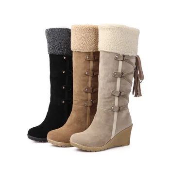 Inverno Botas femininas Nova Plus Size Moda de Franjas de Alta Tubo de Calor de Qualidade, Confortáveis Sapatos de Cunha Correia de Botas de Neve de Senhoras