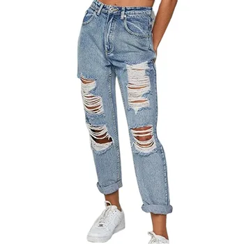 Mulher Jeans De Cintura Alta Jeans Rasgados Para Fina, Calças De Brim, Denim, Calças Macacão 2020 Vintage Feminino Calças Compridas, Calças Rasgadas