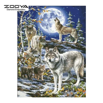 ZOOYA Bordado de Diamante 5D DIY Diamante Pintura Wolf Família Lua Florestal de Diamante, Pintura, Ponto Cruz Strass Mosaico BJ1867