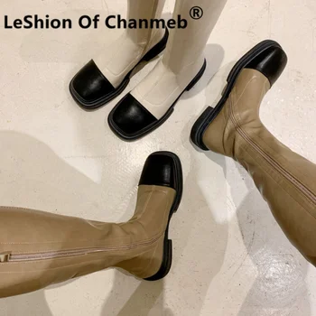 LeShion De Chanmeb Marca de Luxo de Couro Genuíno Botas de cano alto de Mulheres Mistura de cores Zíper Bloco de Salto Baixo Quadrado de Dedo do pé de Bota de montar 42