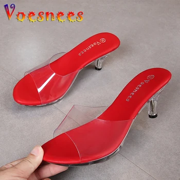 Mulher Designer de Sapatos Mule Salto Alto, Chinelos Transparente Sandálias Sexy de Cristal Salto Baixo dedo Apontado Slides Festa de Sapatos de Mulher